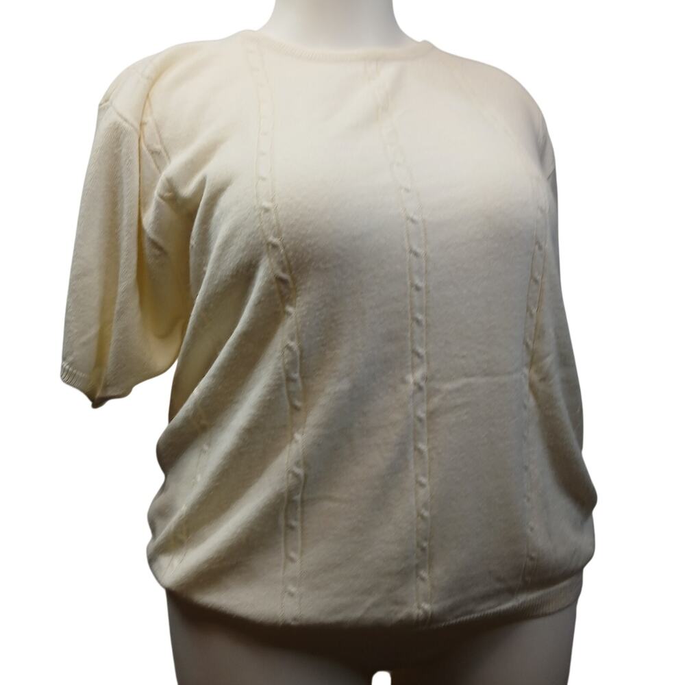Vintage Cream Cable Knit Short Sleeve Crewneck Sweater Top Womens